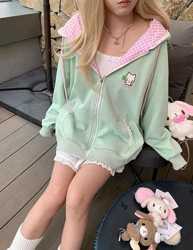 Dynict Womens Y2K Zip Up Cute Graphic Hoodies Cat Ears Casual Cartoon Harajuku Kawaii Clothes Oversize Streetwear Jacket thumbnail 3