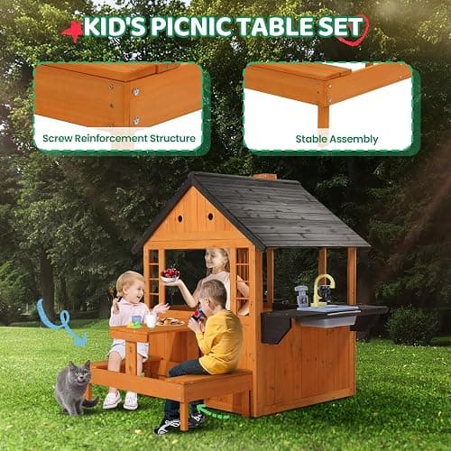 JOYMOR Kids Wooden Playhouse for Outdoor, Cottage with Sink, Picnic Table, Mailbox, Flowerpot Holders, Age 3-8 (Light Brown) - Light Brown thumbnail 4