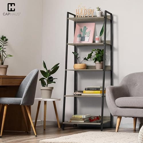 CAPHAUS 5 Tier Ladder Bookshelf, 24 Inch Width Free Standing Shelf, Bookcase Shelf Storage Rack Organizer, Industrial Book Shelves for Home Office, Living Room, Kitchen, Dark Grey, Vintage Shelves thumbnail 2