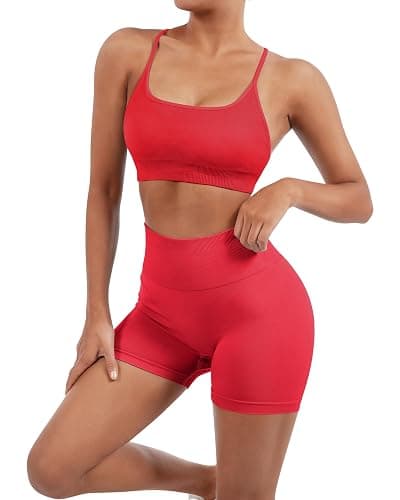 SUUKSESS Women Seamless Workout Sets Strappy Sports Bra High Waist Booty Shorts Outfits thumbnail 4