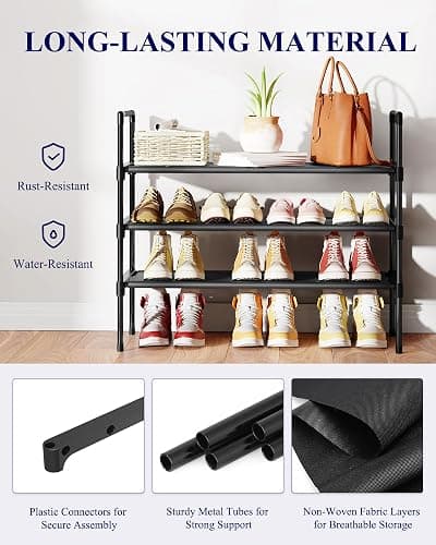 Kitsure Shoe Rack - 3-Tier Shoe Organizer, Shoe Rack for Closet, Entryway, Bedroom, Easy- Assembly Storage Shelf with Side Handles, 27.6" Wide - 3 Tiers, Black thumbnail 6