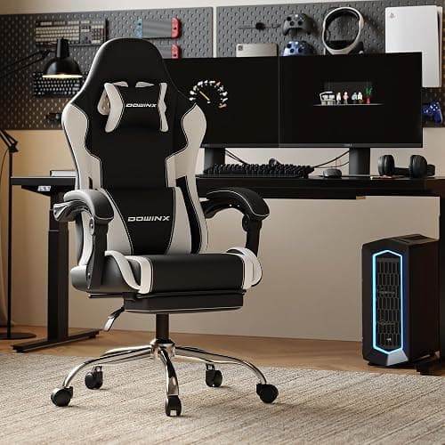 Dowinx Ergonomic Gaming Chair with Footrest, Heavy Duty 330lbs Office Chair, Massage Lumbar Support, Adjustable Height & Headrest Pillow, Comfortable for Back Pain Relief Streaming Long Gaming White thumbnail 2