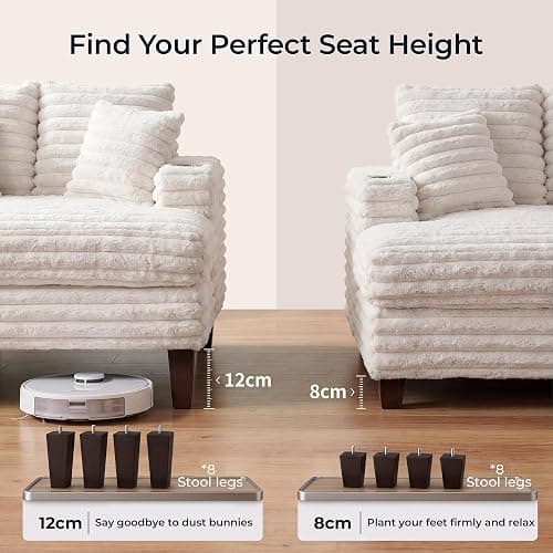 163cm Chaiselongue Sofa mit Massivholzrahmen, Big Loungesofa mit Liegefunktion für Wohnzimmer & Lese-Ecke, Einzelsessel aus Plüsch-Cord mit 2 Getränkehaltern & 4 Seitentaschen, 2 Sets Sofa-Füße, Beige thumbnail 7