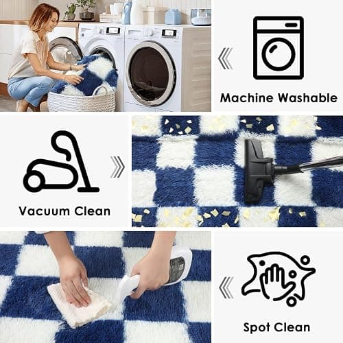 KICMOR Navy Blue and Cream White Rugs for Living Room, 4x6 Fluffy Fuzzy Shag Checkered Rug Shaggy Carpet for Bedroom, Soft Plush Area Rug for Nursery Toddler Room Classroom Study Room Kids Room thumbnail 4