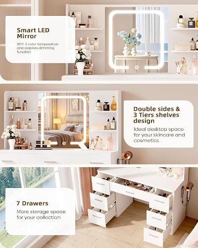 LIVELYGLOW Large Makeup Vanity Desk, 43.3”W x 15.7“D x 53.2”H, White (Large Desktop, Samrt LED Mirror, 4 Open Shelves, 7 Drawers, Hairdryer Rack, Power-Outlet, No Cushion Stool Included) thumbnail 5