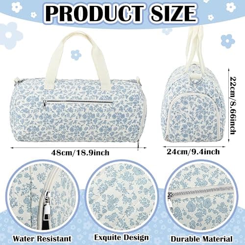 Dansydaisy Blue Floral Quilted Duffle Bag for Women Cotton Large Floral Travel Duffle Dance Bag with Adjustable Carry Strap and Handy Pouch Backpack for Dancers Travel thumbnail 2