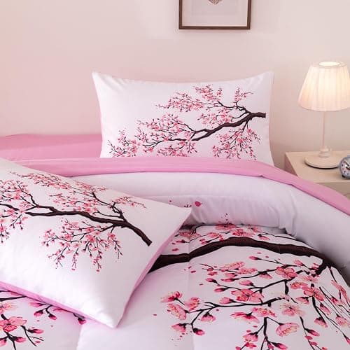 Suncloris Red Cherry Blossom Comforter Set Queen, 5pc Sakura Floral Bedding Set, Includes Lightweight Quilt, 2 Pillowcases, Flat & Fitted Sheet, Microfiber Bedding for Girls Teens (Red (5pcs), Queen) thumbnail 4