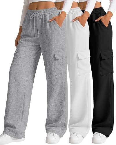 Neer 3 Pack Women's Cargo Sweatpants Wide Leg | Baggy, Loose, Pants with 4 Pockets, Elastic Waist, Drawstring, Casual, Athletic, Sweat, Joggers, Lounge, Running, Dance - Image 1
