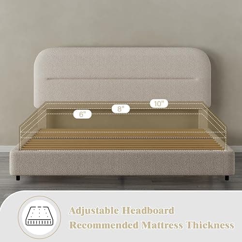 HOMBCK Queen Bed Frame with Headboard, Boucle Upholstered Soft Platform Bed Frame with Thickened Footboard, Rounded Corners Design, No Box Spring Required, Easy Assembly, Cream thumbnail 7