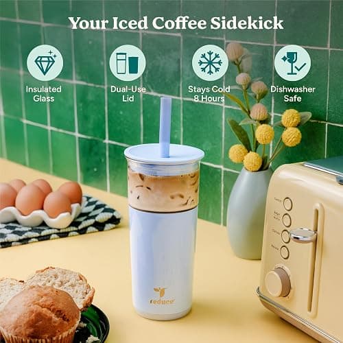 REDUCE Aspen - 20oz Vacuum Insulated Glass Tumbler - Extra Wide Straw & Lid | Keeps drinks cold for 12 hours, ideal for iced coffee, smoothies & boba, dishwasher safe, soft base thumbnail 3