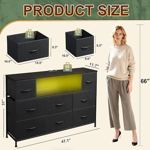 GALAXHERO Black TV Stand for 45, 50, 55 inch TV, TV Media Console Table with LED Lights & Charging Station, Entertainment Center with 8 Fabric Drawers and Open Shelves for Living Room, Hallway thumbnail 3