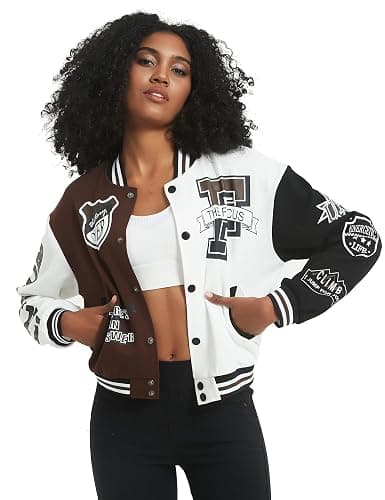 Flygo Women's Cropped Varsity Jacket Baseball Jacket Colorblock Letter Print Y2k Button Down Bomber Uniform thumbnail 3
