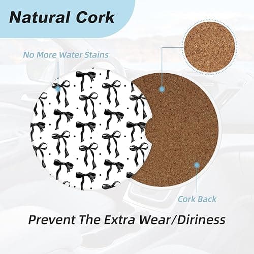 Black Bow Car Coasters for Cup Holders,2 Pack Car Cup Holder Coasters for Car,Ceramic Absorbent Car Coaster with A Finger Notch and Cork Base,Car Interior Accessories for Women Men thumbnail 4
