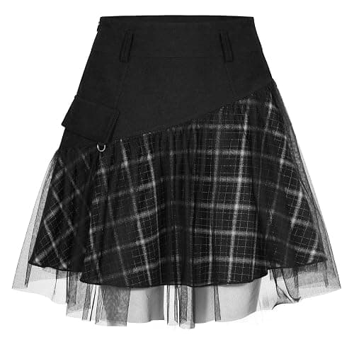 PUNK RAVE DAILY Women Gothic Skirts Women Goth Mini Plaid Skirt with Tulle Punk Dunk High Waist A-Line Party Skirt thumbnail 3