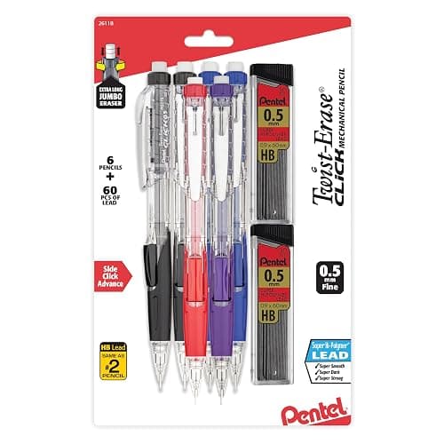 Pentel Twist-Erase Click Mechanical Pencil (0.5mm), Pack of 6 Pencisl with 2 Pack of Lead Refills (PD275TLBPS6M) - Image 1