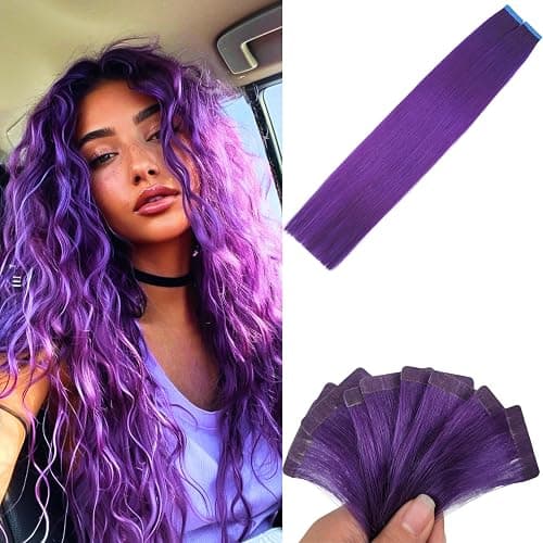 Purple Tape in Hair Extensions Human Hair 24 Inch Invisible Thick Ends Tape in Colored Remy Hair Extensions for Girls - 24 Inch-20pcs-30 Gram - #Purple - Image 1