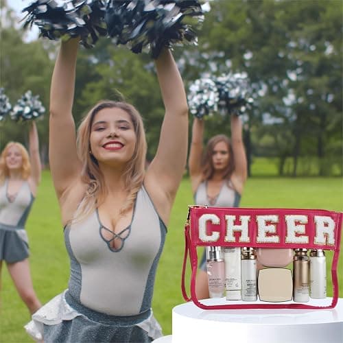 BuyCard Cheer Chenille Letter Bags Clear Makeup Bag, Cheerleader Gifts Cosmetic Bag, Varsity Preppy Patch Flat Pouch Cheer Accessories, Waterproof PVC Organizer Toiletry Bag for Women Girls thumbnail 2