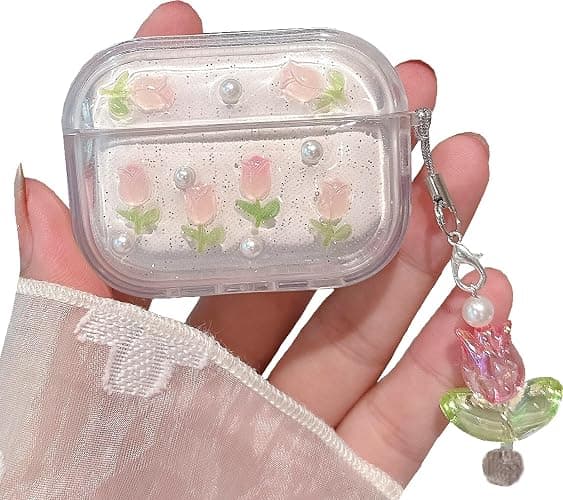 JANDM 3D Tulip for AirPods Pro 3 Case with Keychain, Clear Glitter Pink Floral Design, Shockproof Protective Cover for Women Girls with Flower Charm Strap - Image 1