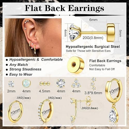 MILACOLATO Hypoallergenic Flat Back Earrings Gold Cartilage Earring Sets for Multiple Piercing 20G Surgical Stainless Steel Earrings for Women Trendy Earring Stacks Small Hoop Flatback Stud Earrings - Gold thumbnail 2
