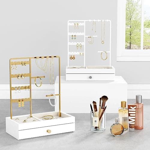 Goozii Gold Jewelry Stand Organizer Necklace Holder, Birthday Gifts for Women Girls, Small Jewelry Stand for Earrings Rings Bracelets, Velvet Jewelry Hanger Tree, Mothers Day Gifts - White and Gold thumbnail 5