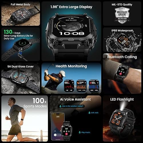 AMAZTIM Smart Watch for Men, 130 Days Extra-Long Battery, 1.96" Full Metal Rugged Military Watch, 50M Waterproof, Flashlight, 24/7 Heart Rate Sleep Monitor, Answer/Dial Calls, for Android & iOS thumbnail 8