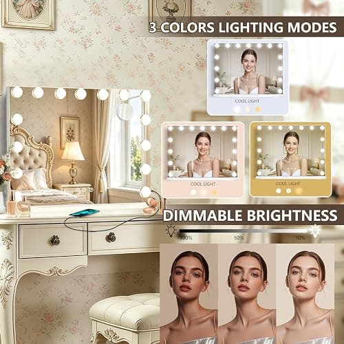 Ratsamee Hollywood Vanity Mirror with Lights, 23" x 18", 15 Dimmable Bulbs, 3 Color Lights, Make Up Lighted Mirror, USB Charging Port, Gifts for Women Wife Teengirls White thumbnail 3