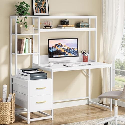 Tribesigns 55 Inch Computer Desk with 2 Drawers and Storage Shelves, Rustic Office Desk with Hutch, Study Writing Gaming Table Laptop Workstation for Home Office (White) - Image 1