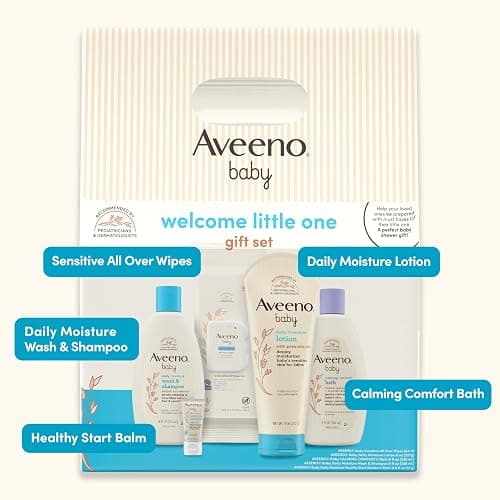 Aveeno Baby Welcome Little One Gift Set, Skincare Set with Nourishing Body Wash & Shampoo, Calming Bath Wash, All Over Wipes, Daily Moisturizing Lotion, & Balm, 5 Items thumbnail 4