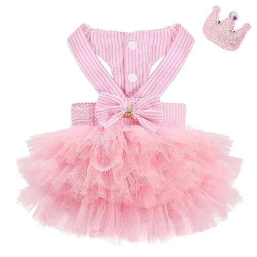 SIMCAPY XXS Dog Clothes Girl, Female Dog Dresses for Small Dogs Girl, Pink Dog Tutu Dress, Sweet Puppy Princes Skirt with Dog Bowknot Clips, Spring Summer Pet Apparel for Toy Poodle Chihuahua Yorkie - Image 1