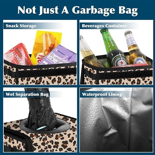 Car Trash Can with Lid Leak Proof Garbage Waterproof Bag for SUV Front Seat Multipurpose Hanging Headrest Collapsible and Portable Storage Mesh Pocket, Leopard Print thumbnail 4