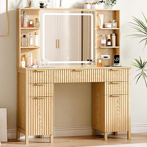 Vanity Desk with Large 27.2" Mirror and Lights 47.2" Fluted Makeup, 5 Drawer Vanity with Power Strip, 4 Open Shelves, 2 Cabinet, Modern Bedroom Vanity Featuring Visual Transparent Glass. Wood - Image 1