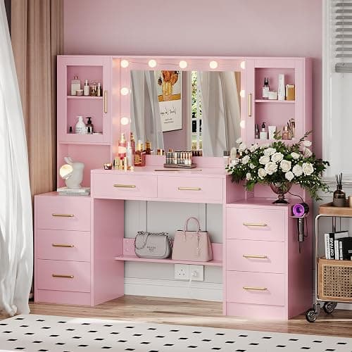 58.3" Makeup Vanity Desk with Charging Station, Pink Makeup Dressing Table with Mirror & Lights, 3 Lighting Modes Adjustable Brightness, Vanity Table with Power Outlet & 8 Drawers without Stool thumbnail 6