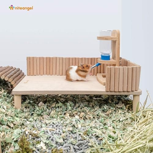 Niteangel Hamster Play Wooden Platform for Putting Small Animal's Food Bowl Drinking Bottle and Other cage Accessories (Rectangle - 7" Height) thumbnail 2