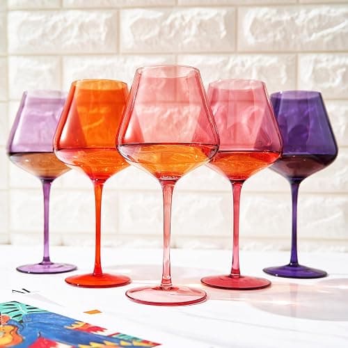 Khen Sunset Colored Crystal Wine Glass Set of 5, Large 20 OZ Glasses, Bright Italian Style Tall Stemmed Drinkware for Red & White Wine, Water Dinner Glasses, Color Beautiful Glassware - (Stemmed) thumbnail 7