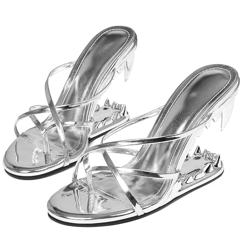Goiphrri Wedge Sandals for Women Strappy Heels Round Open Toe Heels Metallic Shark Tiger Teeth heeled Sandals Flip Flops Thong Womens Mules Slip on Party Dress Wedding Ceremony thumbnail 4