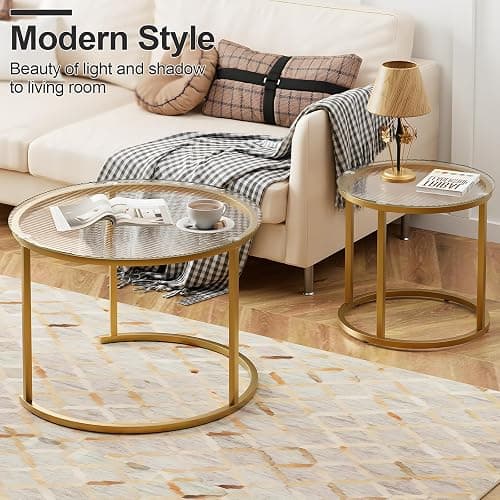 aboxoo Nesting Coffee Table Set of 2, Small Round Glass Nesting Tables for Living Room Bedroom, Accent Tea Table with Gold Metal Frame Modern Industrial Simple thumbnail 6