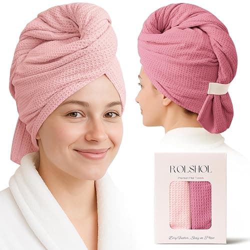 ROLSHOL 2 Pack Microfiber Hair Towel Wrap for Women, 32" x 11" Waffle Weave Hair Plopping Towel for Curly, Long & Thick Hair, Anti-Frizz Hair Turbans for Wet Hair (Light Pink,Coral Pink) - Image 1