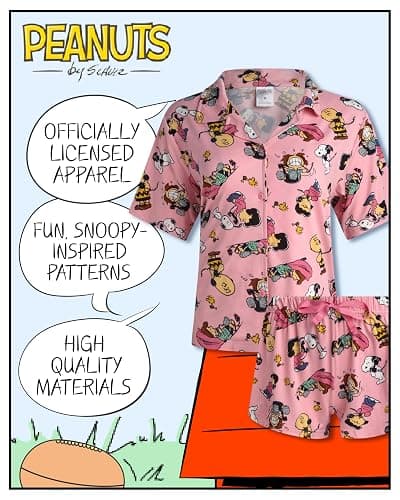 COCO BRANDS Peanuts Snoopy Womens Pajama Set - 2 Piece Short Sleeve Button Down Sleep Shirt and Pajama Shorts thumbnail 2