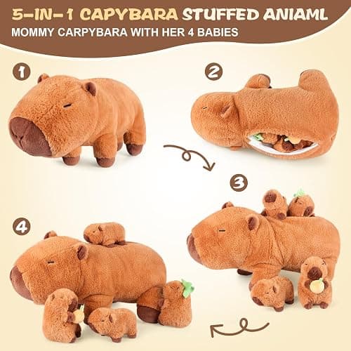 SuzziPals 5-in-1 Capybara Stuffed Animals with Babies Inside, 5Pcs Set Capybara Plush with Mommy & 4 Babies, Soft Pillow Plushies Decor, Cute 3 to 8 Year Old Girl Gift, Imaginative Play Toy (Capibara) thumbnail 4