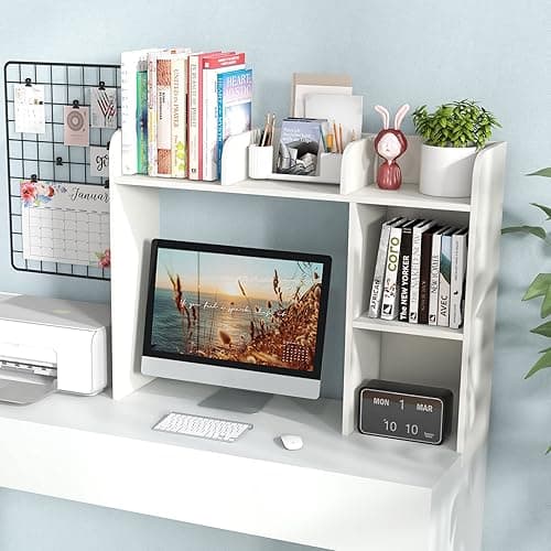 Tangkula Desktop Bookshelf, Countertop Storage Hutch with 5 Shelves for Computer Desk, Desktop 3-Tier Display Rack, Multipurpose Wood Desktop Hutch Storage Organizer for Dorm Office Home - White-5 Shelves thumbnail 2
