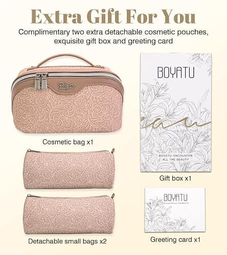 BOYATU Travel Makeup Bags Cosmetic Organizer Bag: 3-Set Large Capacity Make up Bag - PU Leather Toiletry Bags for Women - Wide Open Portable Pouch with Divider & Handle (A-Light Pink) thumbnail 6