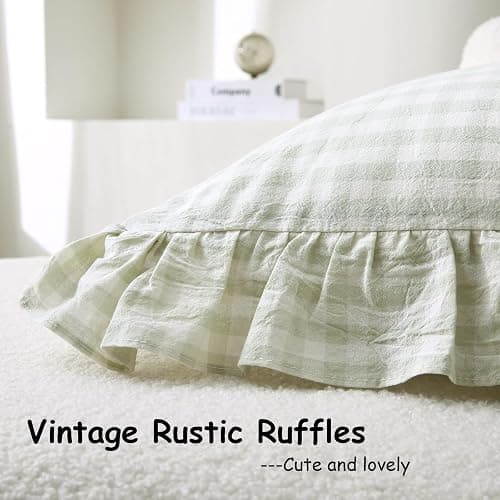 K MASANIJI 2 Pack Pile Green White Plaid Ruffle Gingham Throw Pillow Covers, 100% Washed Cotton Checkered Farmhouse Decorative Pillow Shams for Bed/Sofa - 18‘’x18'' thumbnail 4