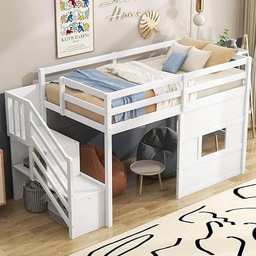 Twin Size Loft Bed with Storage Staircase and Window, Solid Wood Low Loft Bed Frame with LED Light, Full-Length Guardrails and Slats, Space-Saving Kids Bed, No Box Spring Needed, White Finish - Image 1