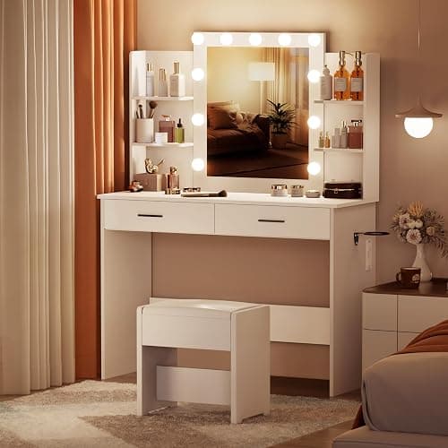 NBYSGO Farmhouse Vanity with Sliding Mirror and LED Lights, Makeup Table with 4 Drawers & Multi-Tier Storage Rack, Rustic Dressing Table Set for Bedroom (White 010) thumbnail 7