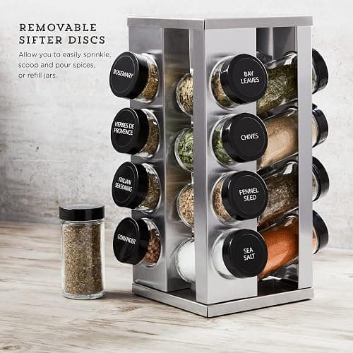 Kamenstein 16 Jar Heritage Revolving Countertop Spice Rack Organizer with Spices Included, FREE Spice Refills for 5 years, Brushed Stainless Steel with Black Caps | Revolving, Organizer, with Spices Included, with Black Caps thumbnail 5