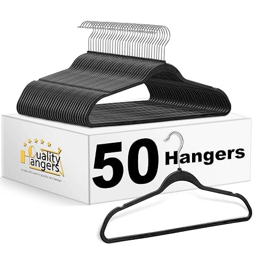 Quality Hangers 50 Pack Plastic Hangers for Clothes - Slim Non-Velvet Hangers with 360° Swivel Chrome Hook & Non Slip Notches - Ideal for Dresses Coats Shirts Jackets & More - Black - Image 1