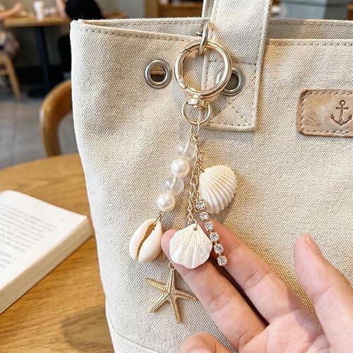 Angyape Gold Beach Keychain Cute Starfish Pearl Sealshell Keychain Bag Charms Purse Charms Summer Travel Gifts for Women thumbnail 2
