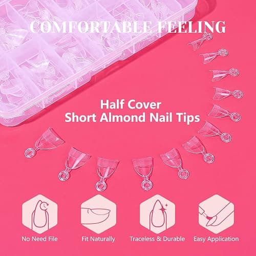 LIONVISON Short Almond Nail Tips Half Cover, 600PCS Extra Short Almond Soft Gel Nail Tips, Pre-shaped Clear False Nails with Handles for Acrylic Nail Salon with Box 12 Sizes - Short Almond thumbnail 5