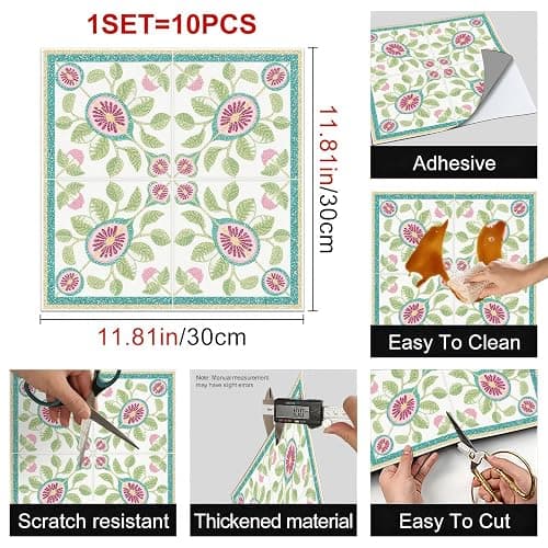 HOMETITUTE Teal Border Fig Floral Peel and Stick Tile Art Deco,12"x12" | Vinyl, Self Adhesive Vinyl Floor Tiles, Self Adhesive Decals Removable Flooring Stickers; kitchen,bathroom,entryway thumbnail 3