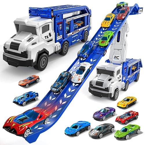 Transport Truck Toys for 3 4 5 6 7 Years Old Boys,Toys Cars Track Set Transporter Trucks with 12 Die-Cast Car Toys 2 Race catapults Dual-Track Model,Toddler Car Toy Set for Kids Boys Girls - Image 1